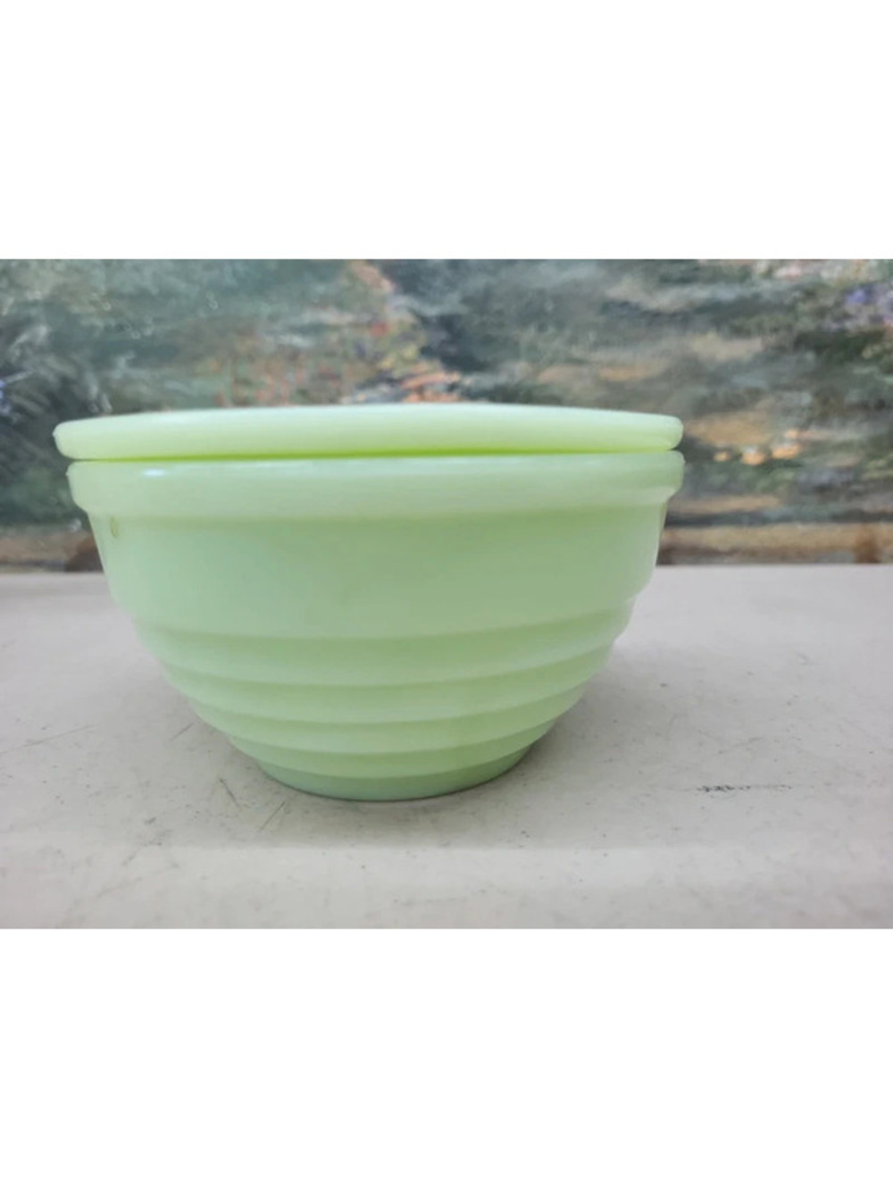 Jeannette glass, Jadeite, Vaseline glass beehive Grease jar w/lid